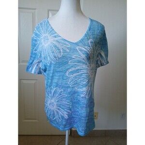 Jess And Jane Shirt Womens Medium Blue White Rhinestone Daisy Sparkle Artsy‎